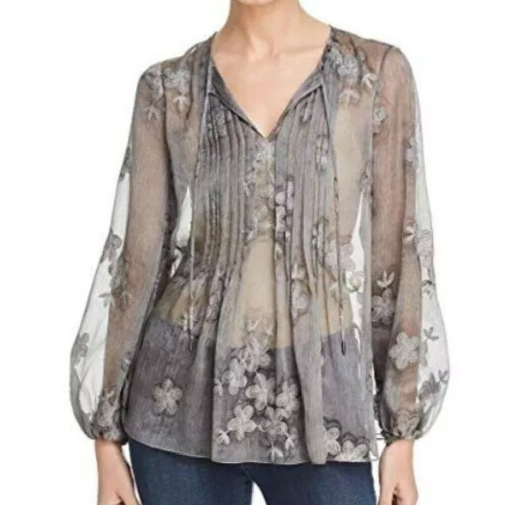 Elie Tahari Women's Top S/P Gray Elegant Floral Embroidered Blouse Satin Cami